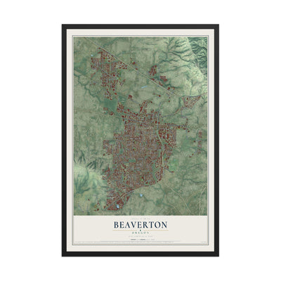 Map of Beaverton, Oregon, 12 x 18 inch print in a black wood frame