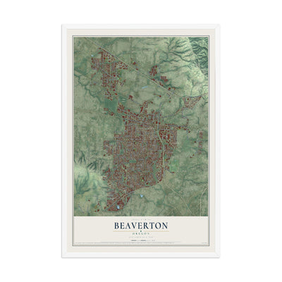 Map of Beaverton, Oregon, 12 x 18 inch print in a white wood frame
