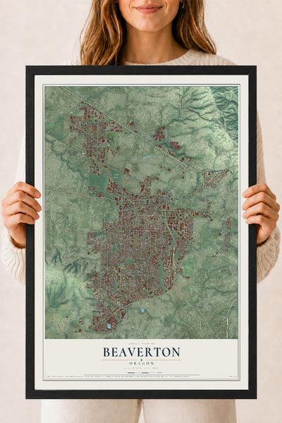 Map of Beaverton, Oregon, 18 x 24 inch print in a black wood frame