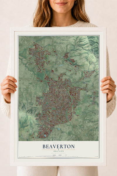 Map of Beaverton, Oregon, 18 x 24 inch print in a white wood frame