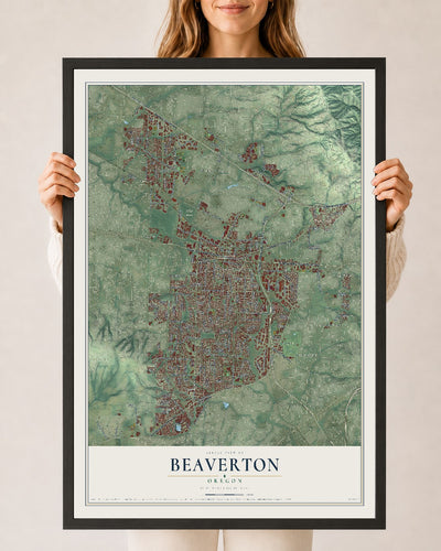 Map of Beaverton, Oregon, 24 x 36 inch print in a black wood frame