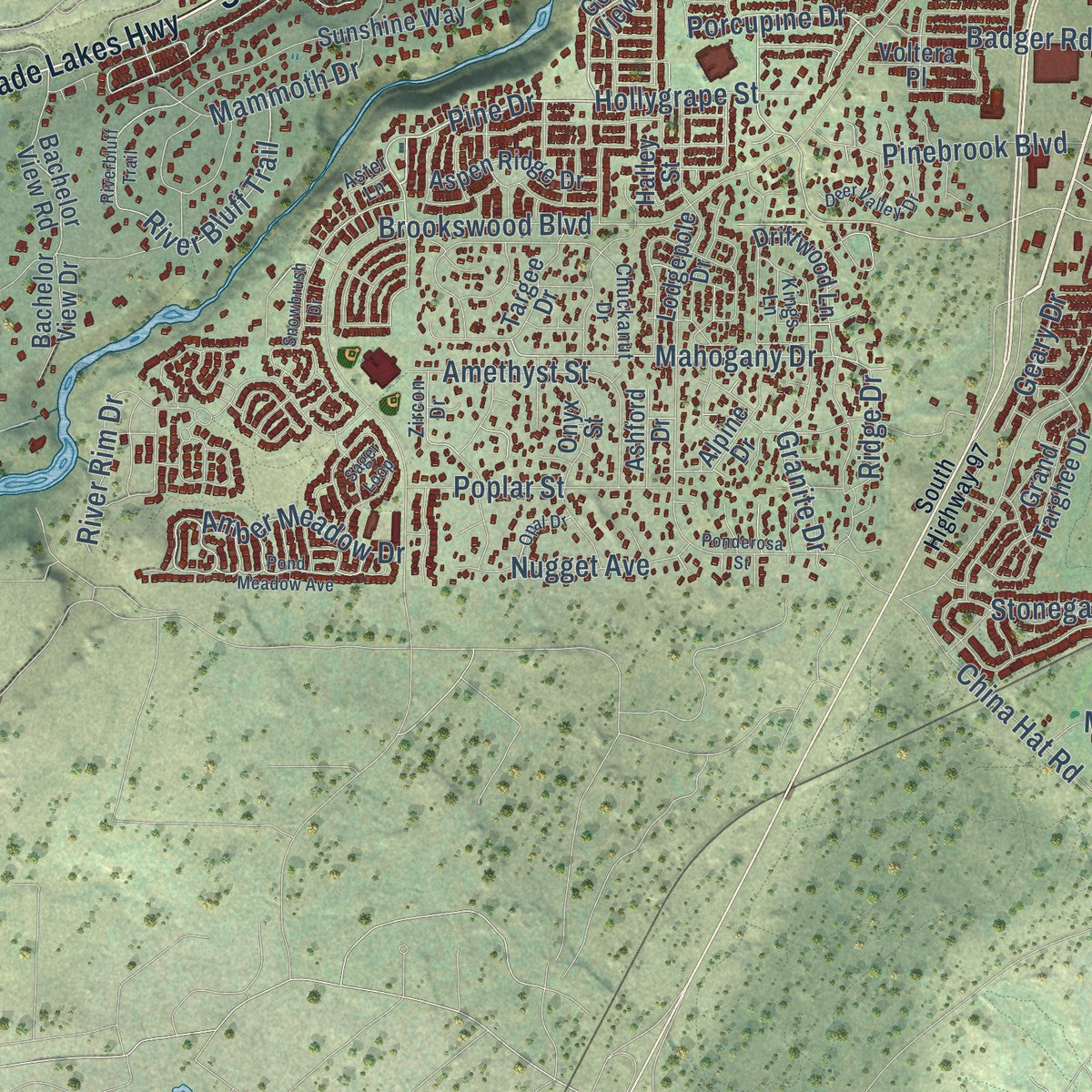Second close-up of the map of Bend, Oregon print showing more streets and buildings