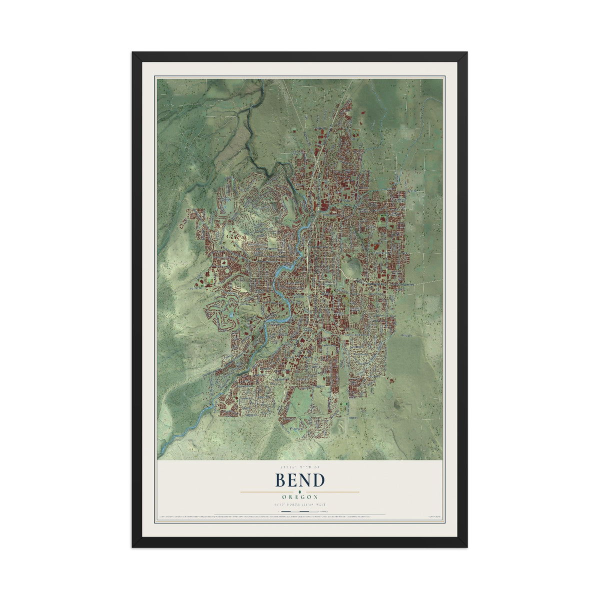 Map of Bend, Oregon, 12 x 18 inch print in a black wood frame
