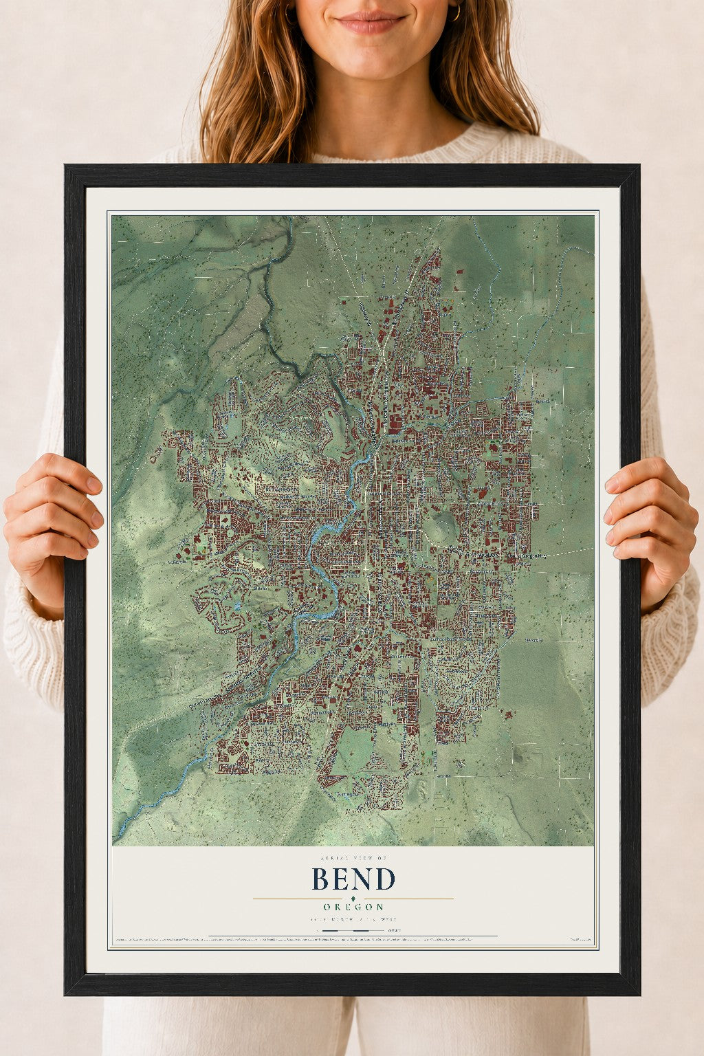 Map of Bend, Oregon, 18 x 24 inch print in a black wood frame