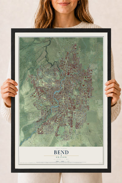 Map of Bend, Oregon, 18 x 24 inch print in a black wood frame