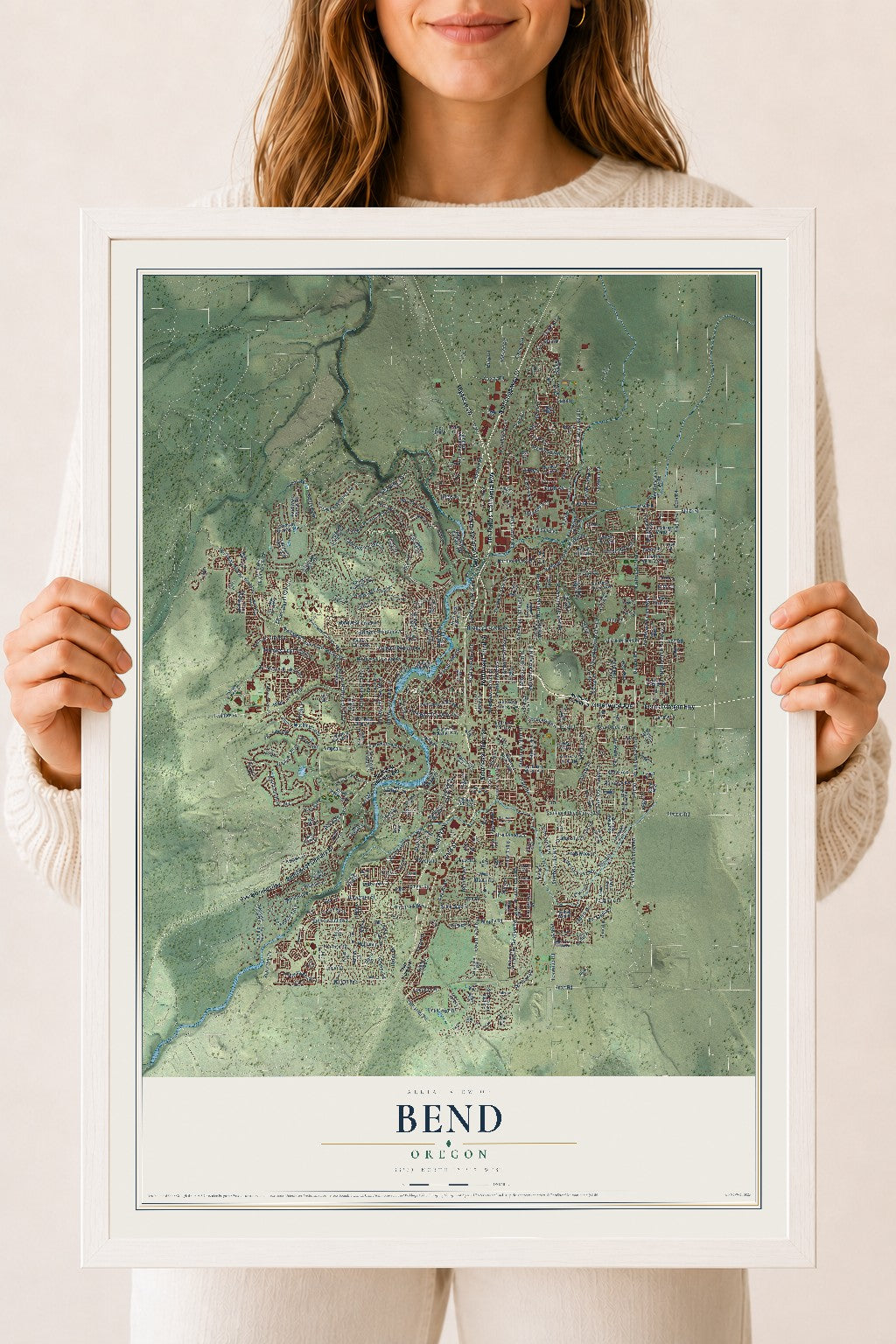 Map of Bend, Oregon, 18 x 24 inch print in a white wood frame