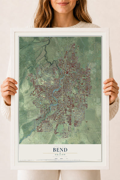 Map of Bend, Oregon, 18 x 24 inch print in a white wood frame
