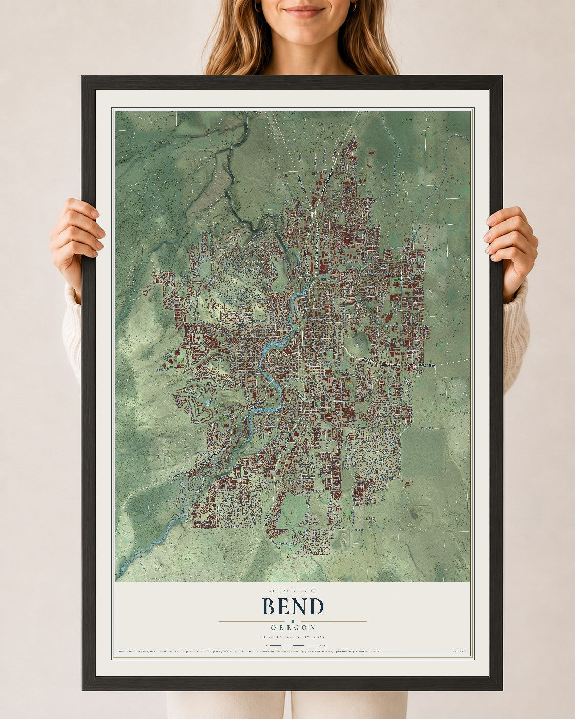 Map of Bend, Oregon, 24 x 36 inch print in a black wood frame