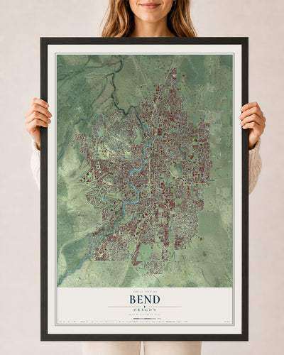 Map of Bend, Oregon, 24 x 36 inch print in a black wood frame