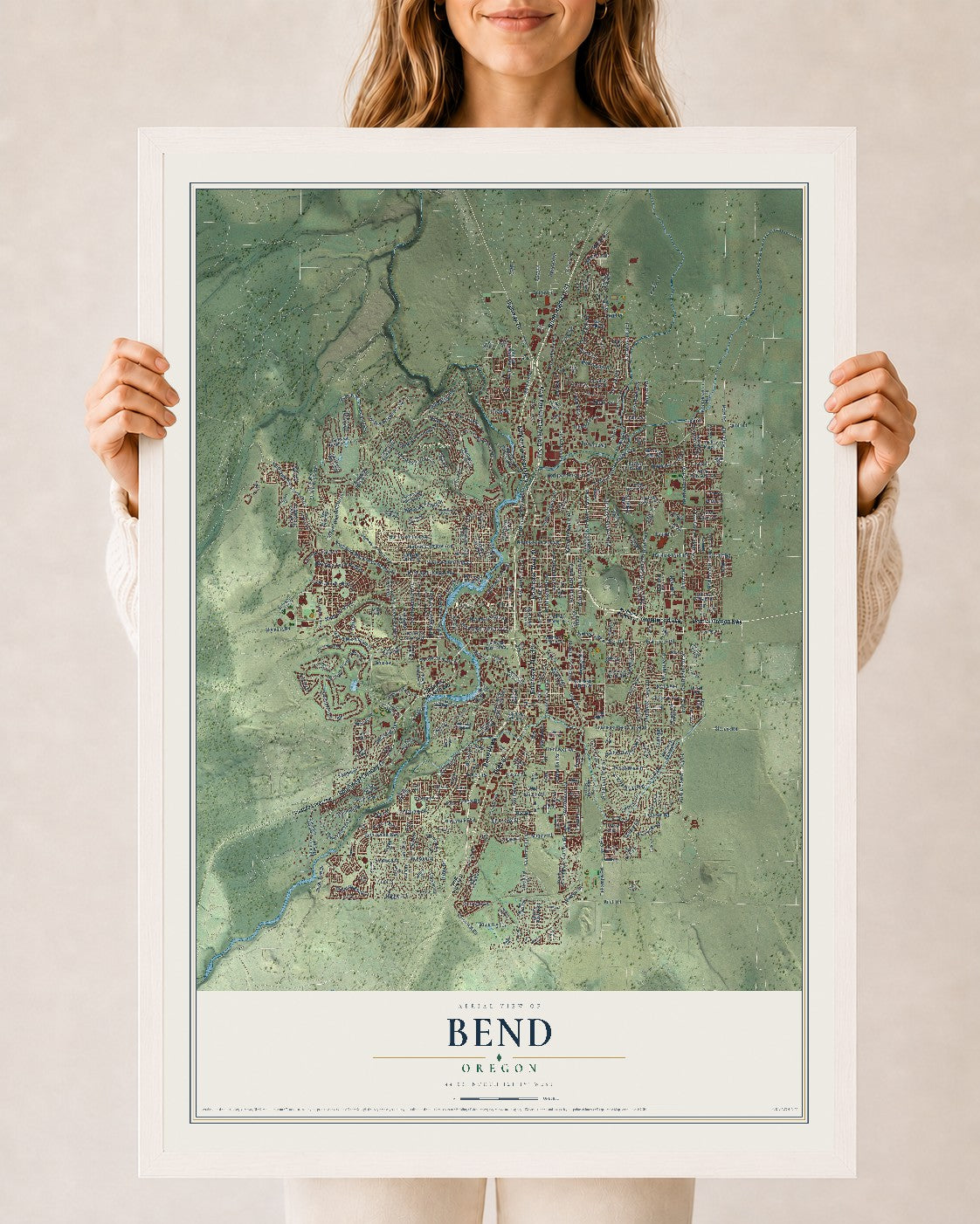 Map of Bend, Oregon, 24 x 36 inch print in a white wood frame