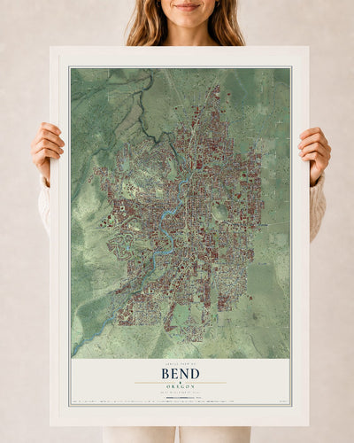 Map of Bend, Oregon, 24 x 36 inch print in a white wood frame