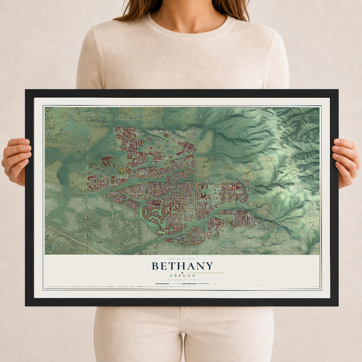 Map of Bethany, Oregon, 12 x 18 inch print in a black wood frame