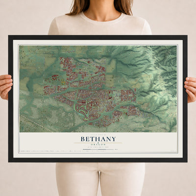 Map of Bethany, Oregon, 18 x 24 inch print in a black wood frame