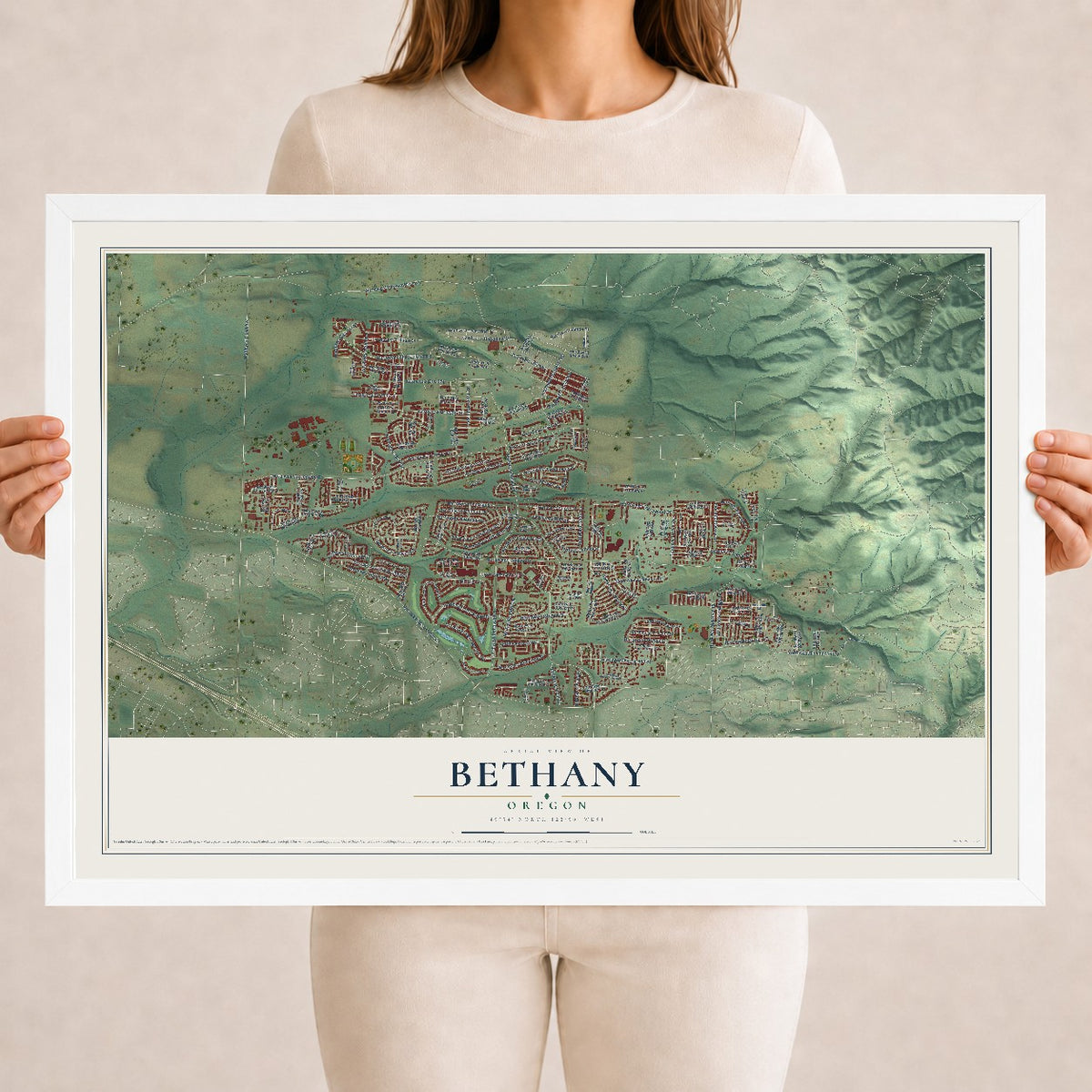 Map of Bethany, Oregon, 18 x 24 inch print in a white wood frame