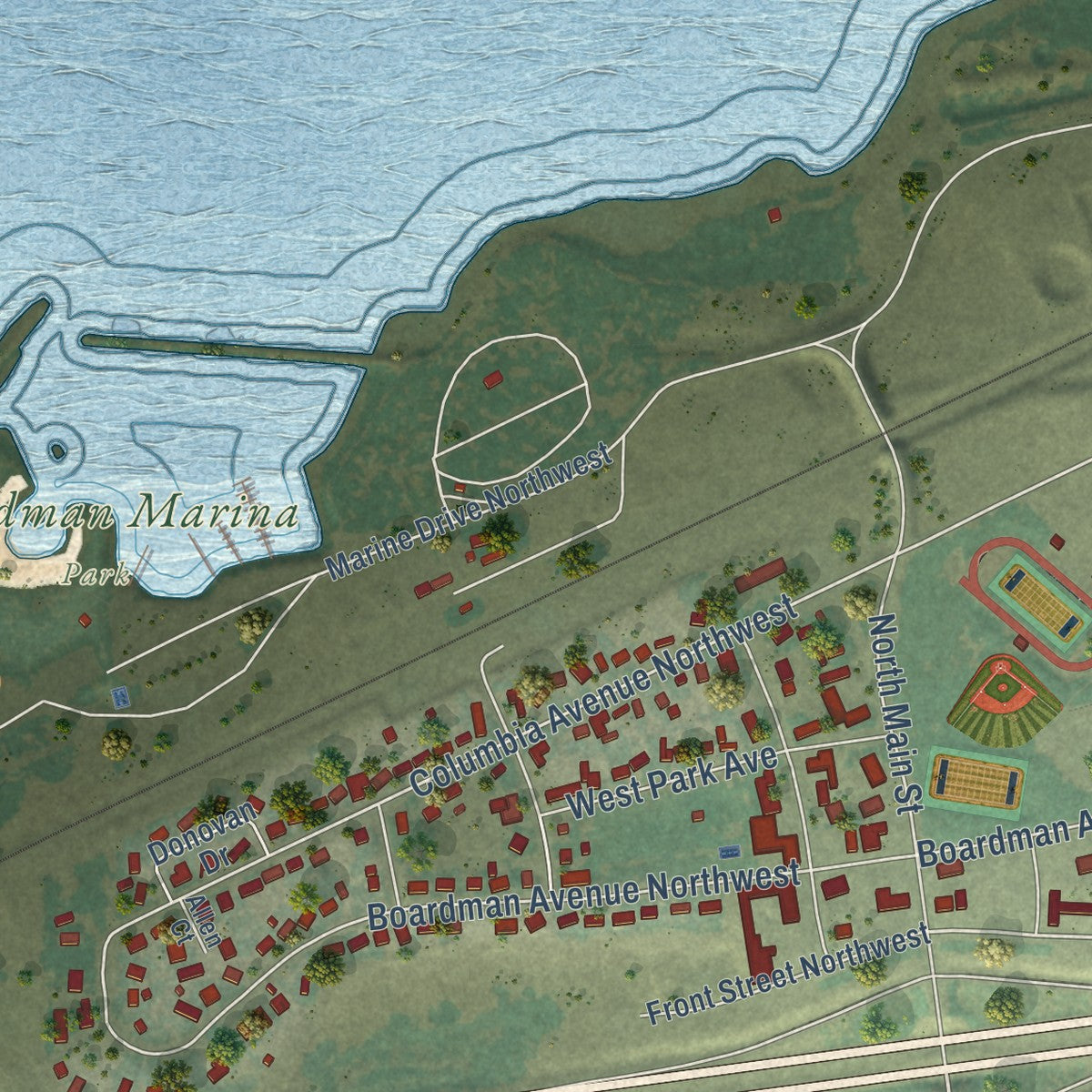 Close-up of the map of Boardman, Oregon print showing street and building detail