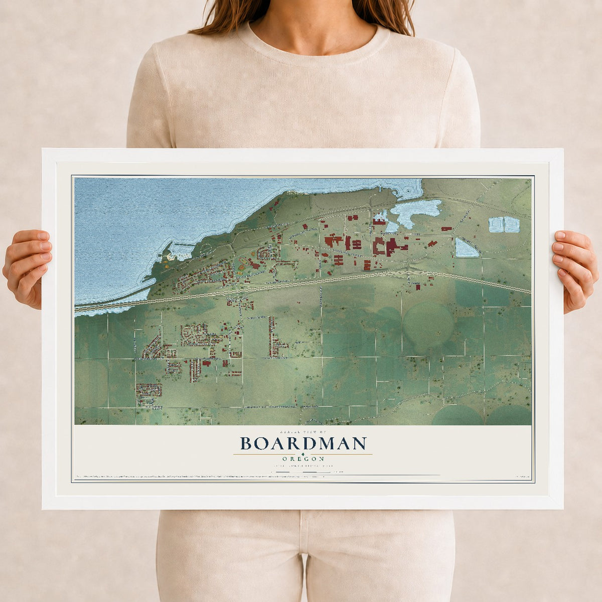 Map of Boardman, Oregon, 12 x 18 inch print in a white wood frame