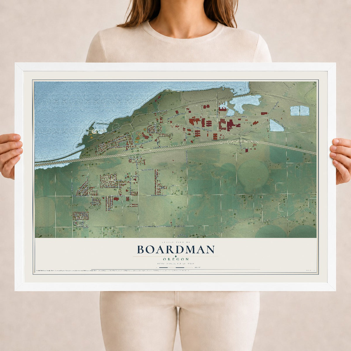 Map of Boardman, Oregon, 18 x 24 inch print in a white wood frame