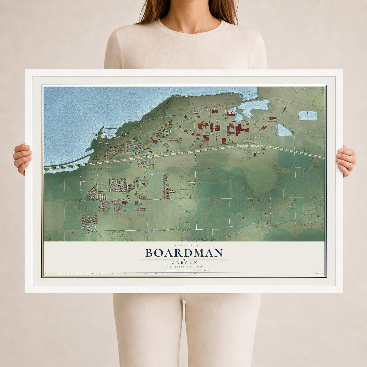 Map of Boardman, Oregon, 24 x 36 inch print in a white wood frame