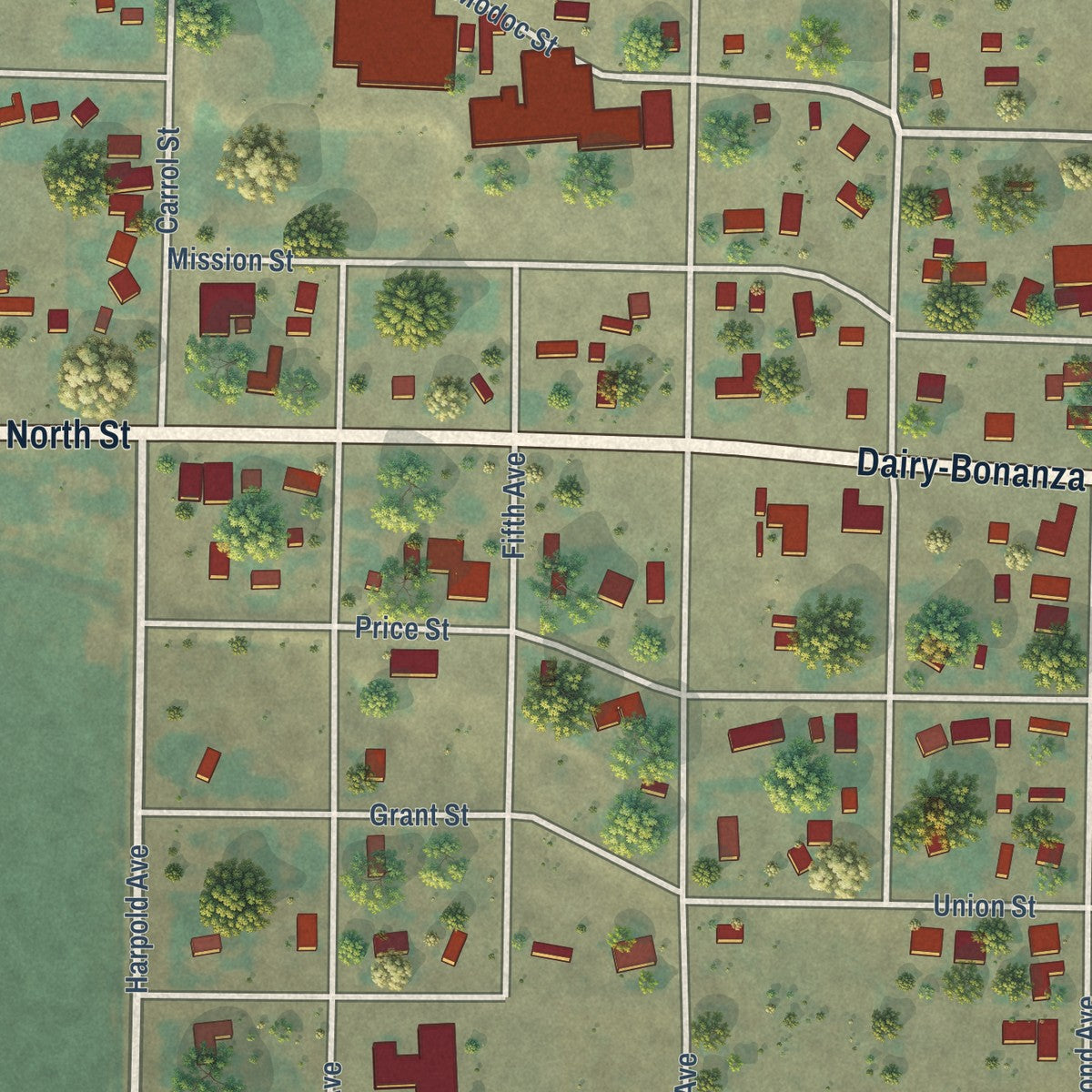 Close-up of the map of Bonanza, Oregon print showing street and building detail