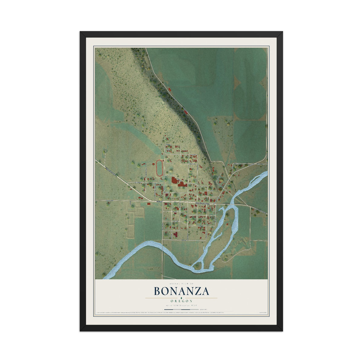 Map of Bonanza, Oregon, 12 x 18 inch print in a black wood frame