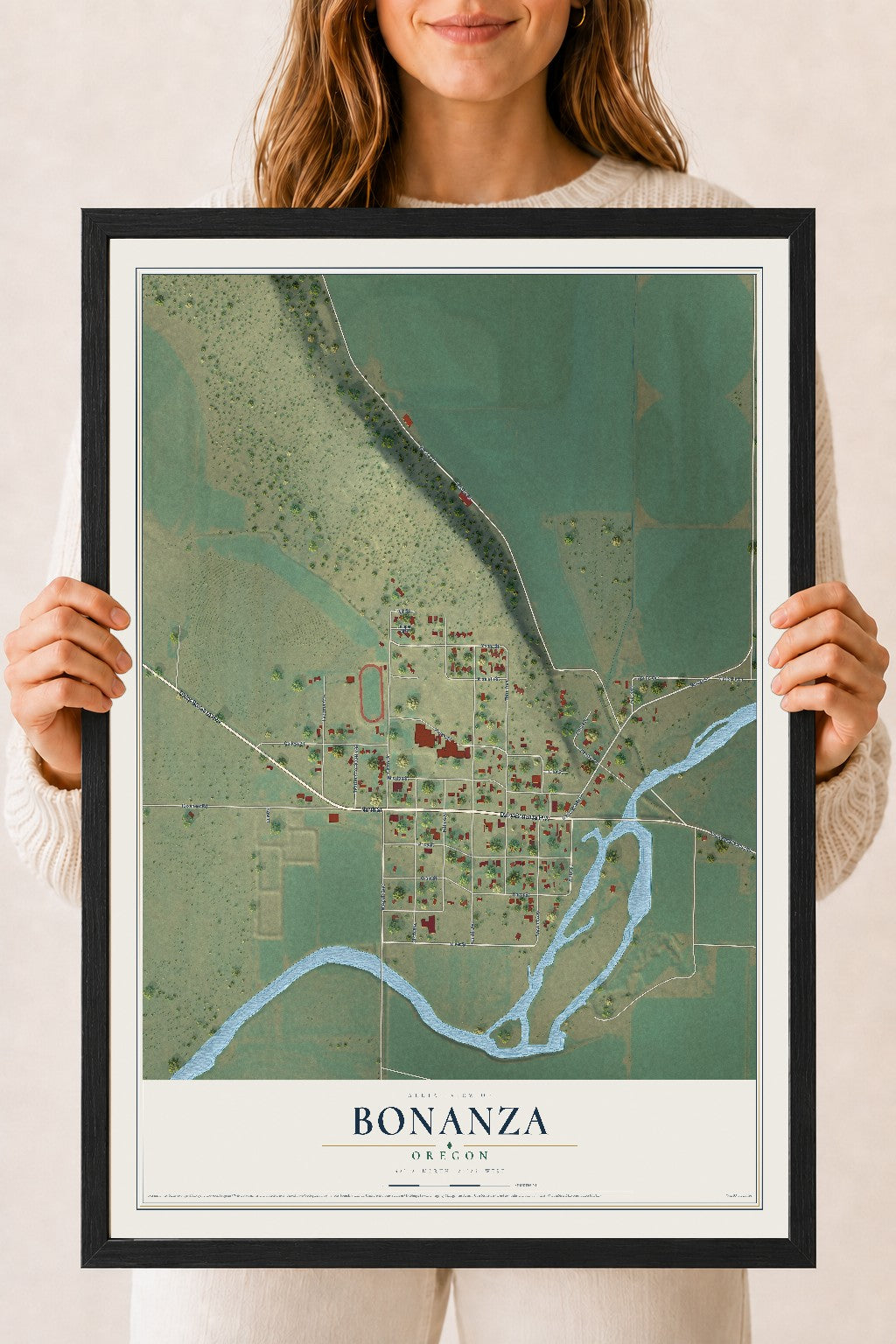 Map of Bonanza, Oregon, 18 x 24 inch print in a black wood frame