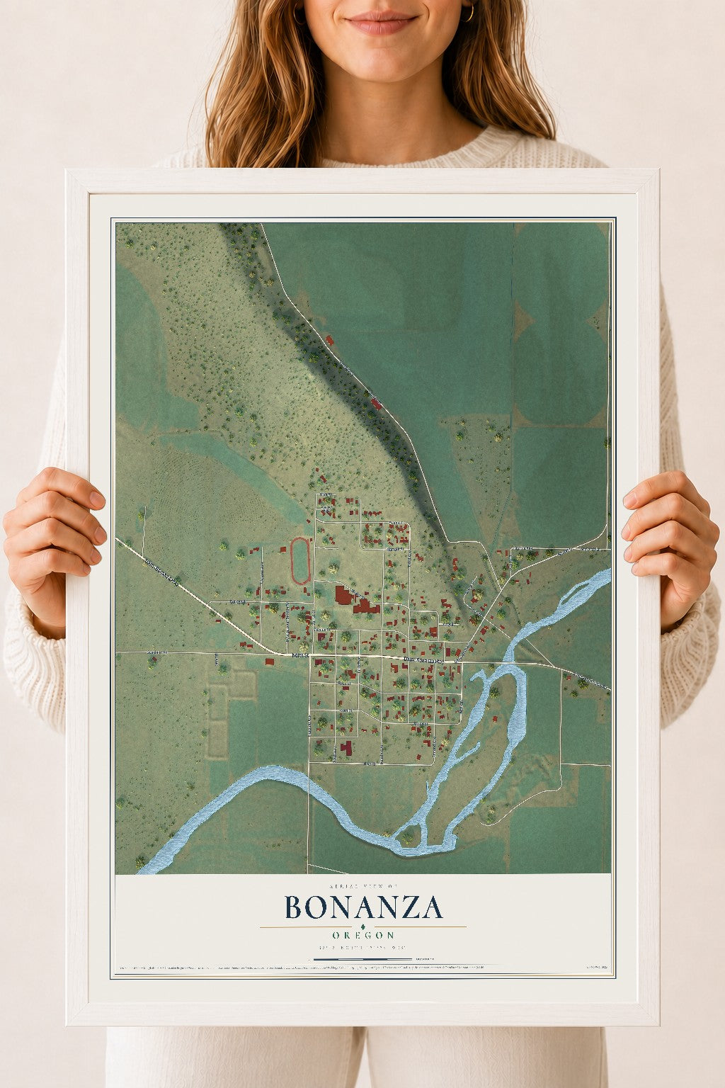 Map of Bonanza, Oregon, 18 x 24 inch print in a white wood frame