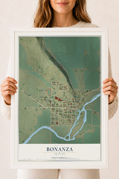 Map of Bonanza, Oregon, 18 x 24 inch print in a white wood frame