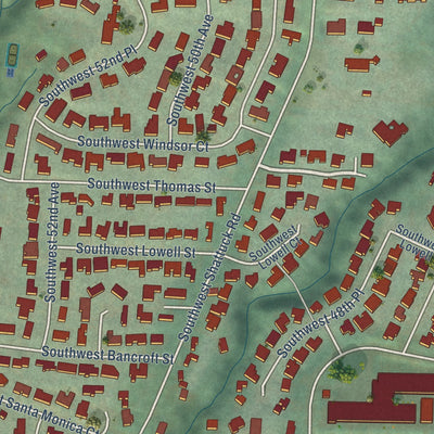 Close-up of the map of Bridlemile, Oregon print showing street and building detail