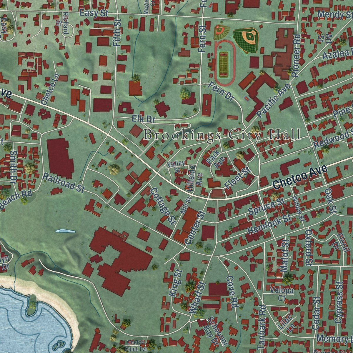 Close-up of the map of Brookings, Oregon print showing street and building detail