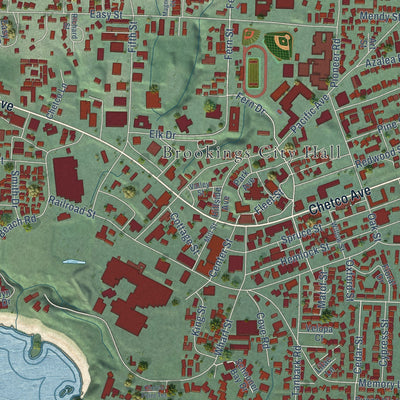 Close-up of the map of Brookings, Oregon print showing street and building detail