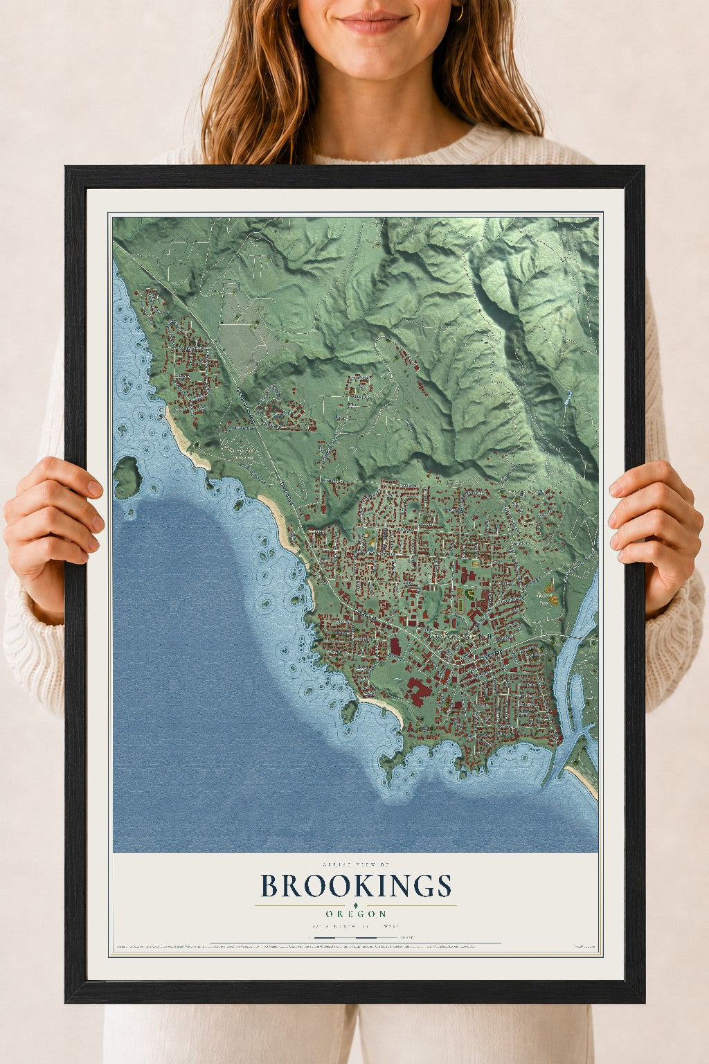 Map of Brookings, Oregon, 18 x 24 inch print in a black wood frame