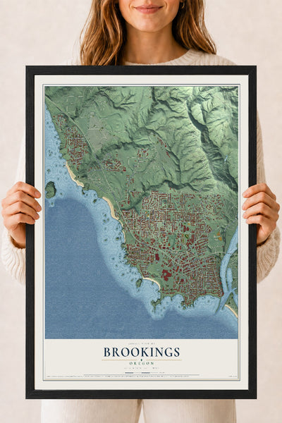 Map of Brookings, Oregon, 18 x 24 inch print in a black wood frame