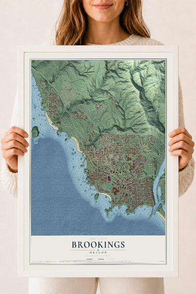 Map of Brookings, Oregon, 18 x 24 inch print in a white wood frame