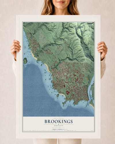 Map of Brookings, Oregon, 24 x 36 inch print in a white wood frame