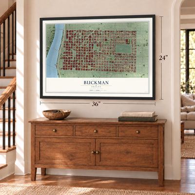 Buckman, Oregon map, 24 x 36 inch print in a black frame above a dresser by a staircase