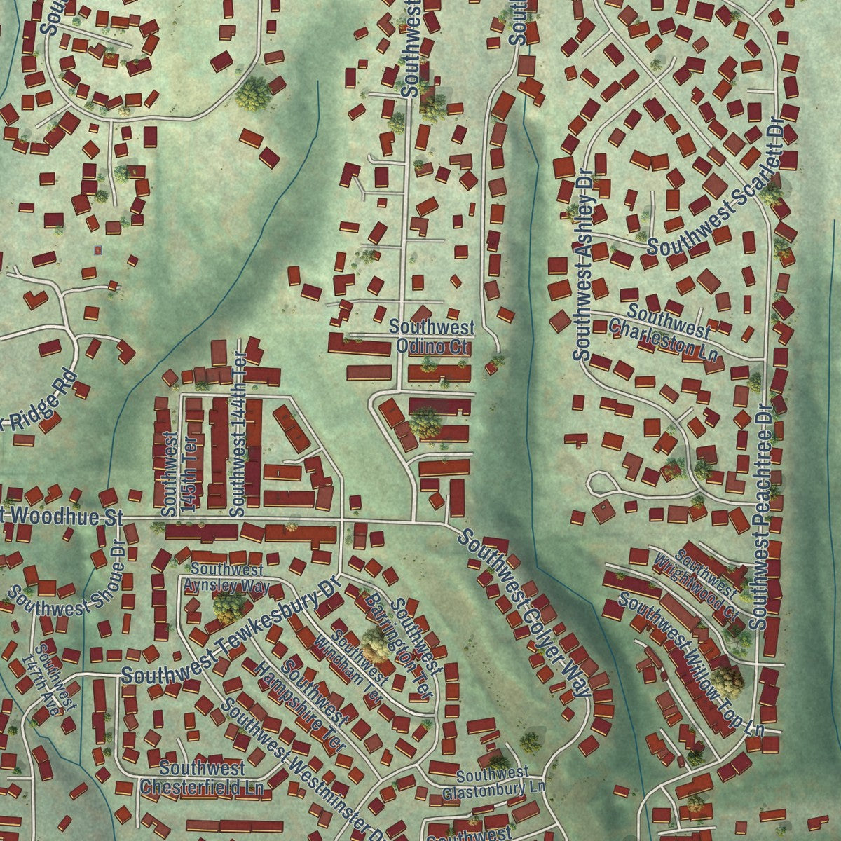 Close-up of the map of Bull Mountain, Oregon print showing street and building detail