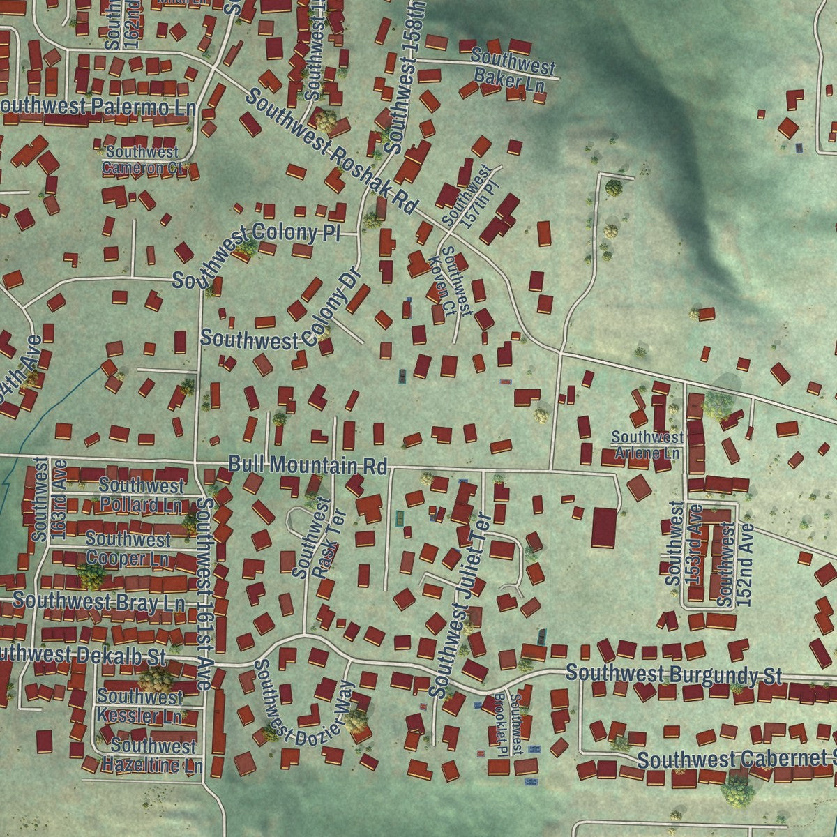 Second close-up of the map of Bull Mountain, Oregon print showing more streets and buildings