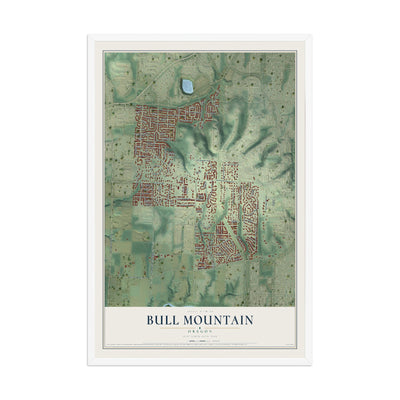 Map of Bull Mountain, Oregon, 12 x 18 inch print in a white wood frame