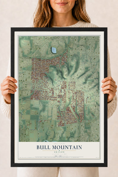 Map of Bull Mountain, Oregon, 18 x 24 inch print in a black wood frame