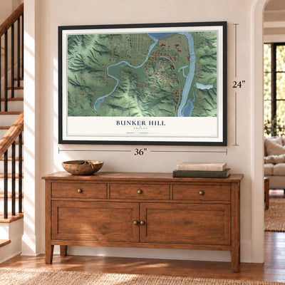Bunker Hill, Oregon map, 24 x 36 inch print in a black frame above a dresser by a staircase