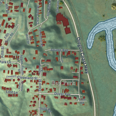 Close-up of the map of Bunker Hill, Oregon print showing street and building detail