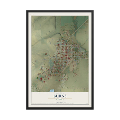Map of Burns, Oregon, 12 x 18 inch print in a black wood frame