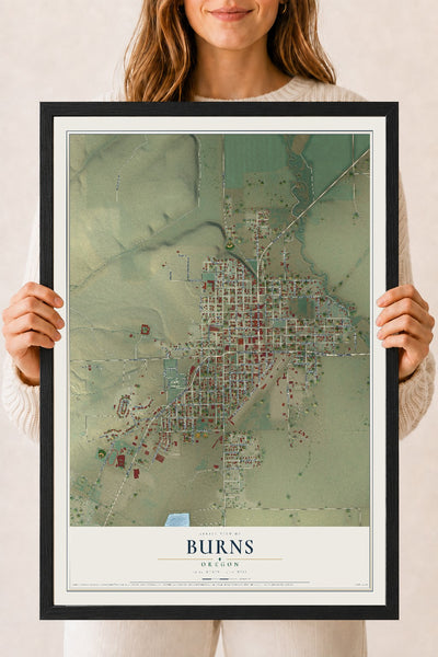 Map of Burns, Oregon, 18 x 24 inch print in a black wood frame