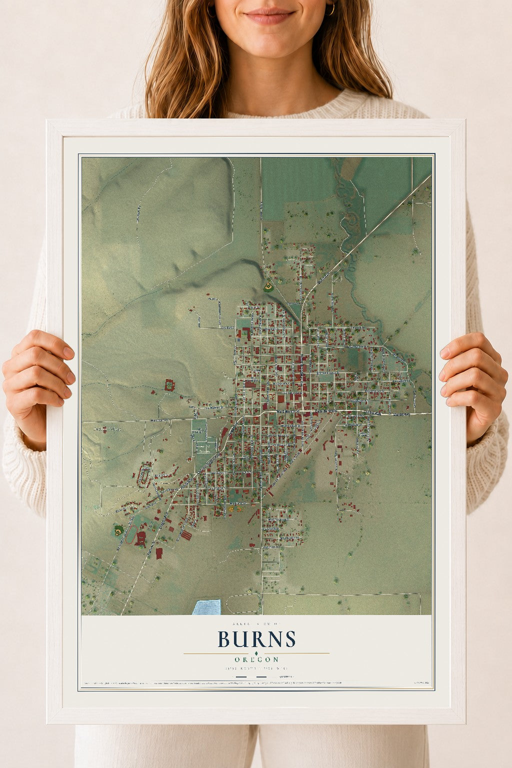 Map of Burns, Oregon, 18 x 24 inch print in a white wood frame