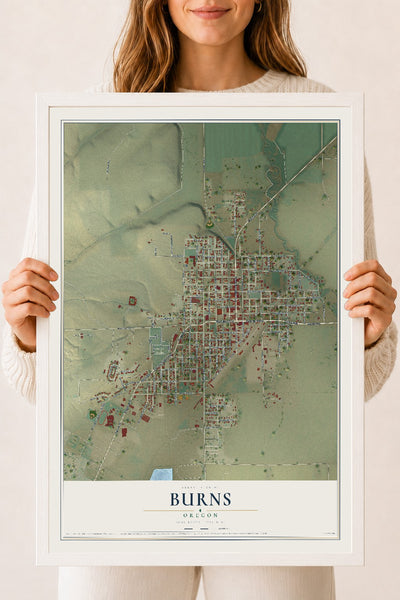 Map of Burns, Oregon, 18 x 24 inch print in a white wood frame
