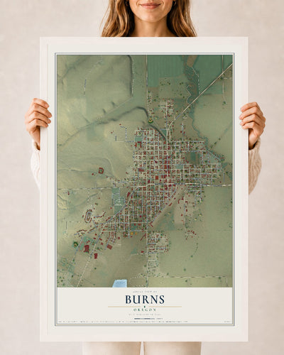 Map of Burns, Oregon, 24 x 36 inch print in a white wood frame