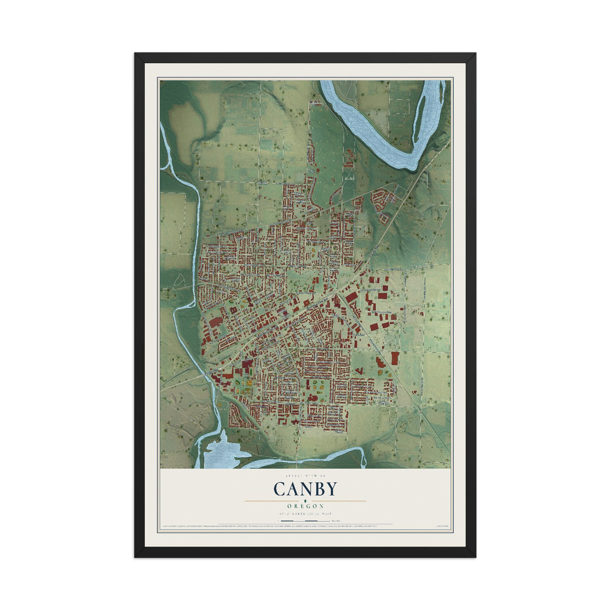 Map of Canby, Oregon, 12 x 18 inch print in a black wood frame