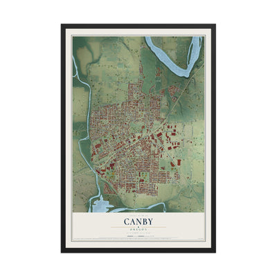 Map of Canby, Oregon, 12 x 18 inch print in a black wood frame