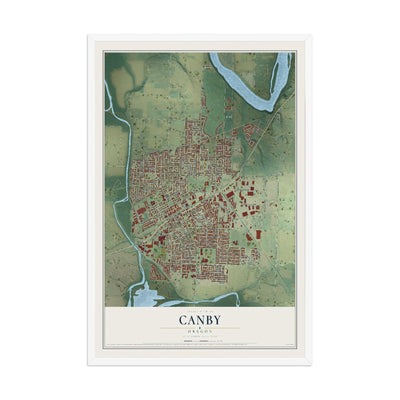 Map of Canby, Oregon, 12 x 18 inch print in a white wood frame