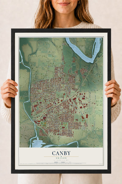 Map of Canby, Oregon, 18 x 24 inch print in a black wood frame